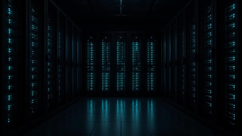 Dark server hall lit by status-LED rows
