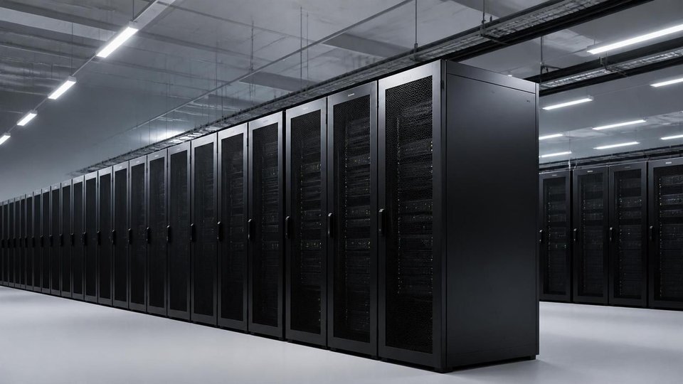 Singapore region server room: tall racks, LED bokeh