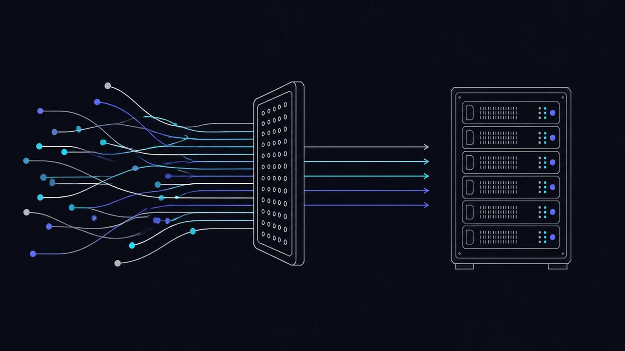 VPSbit DDoS still: traffic lines through a filter into a clean rack