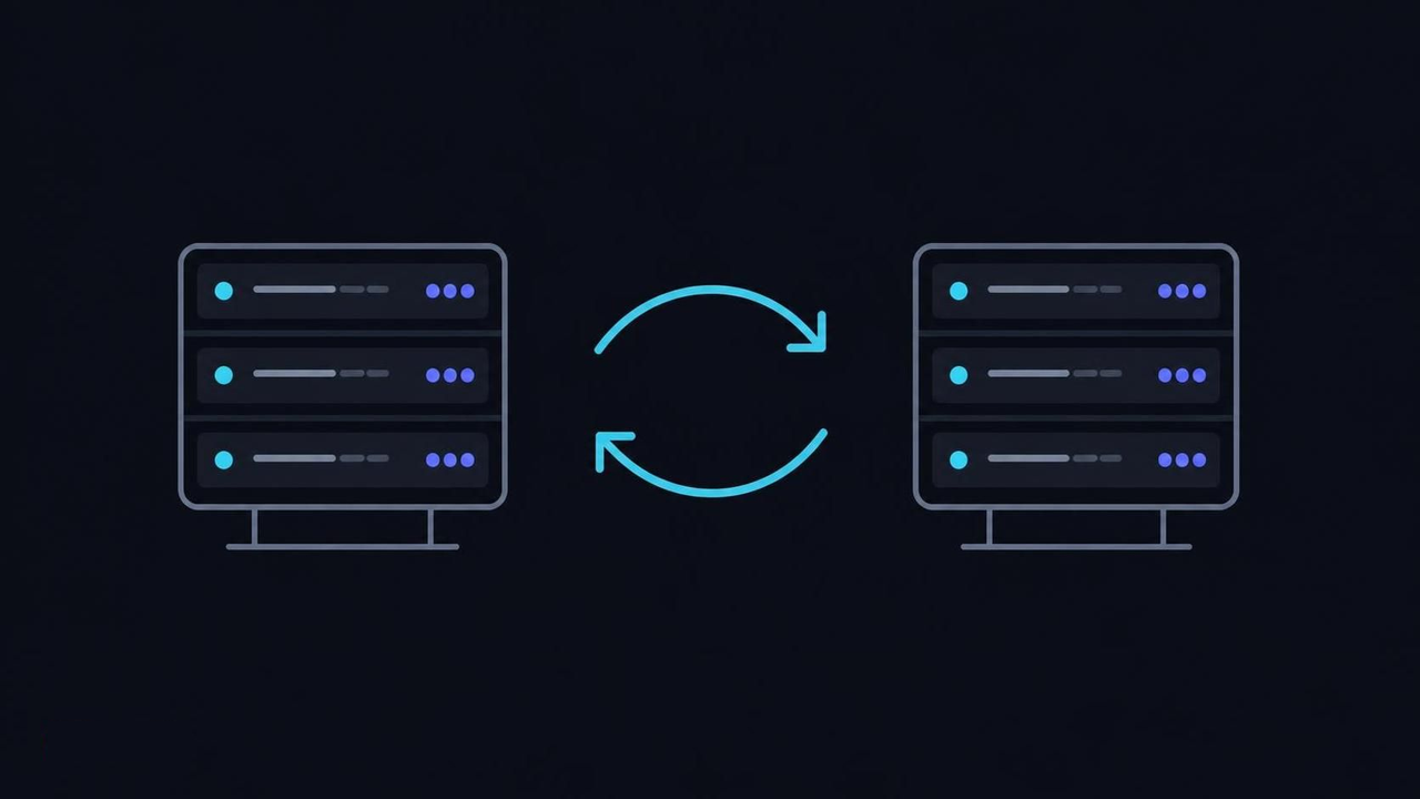VPSbit offsite backup still: two racks syncing across arrows