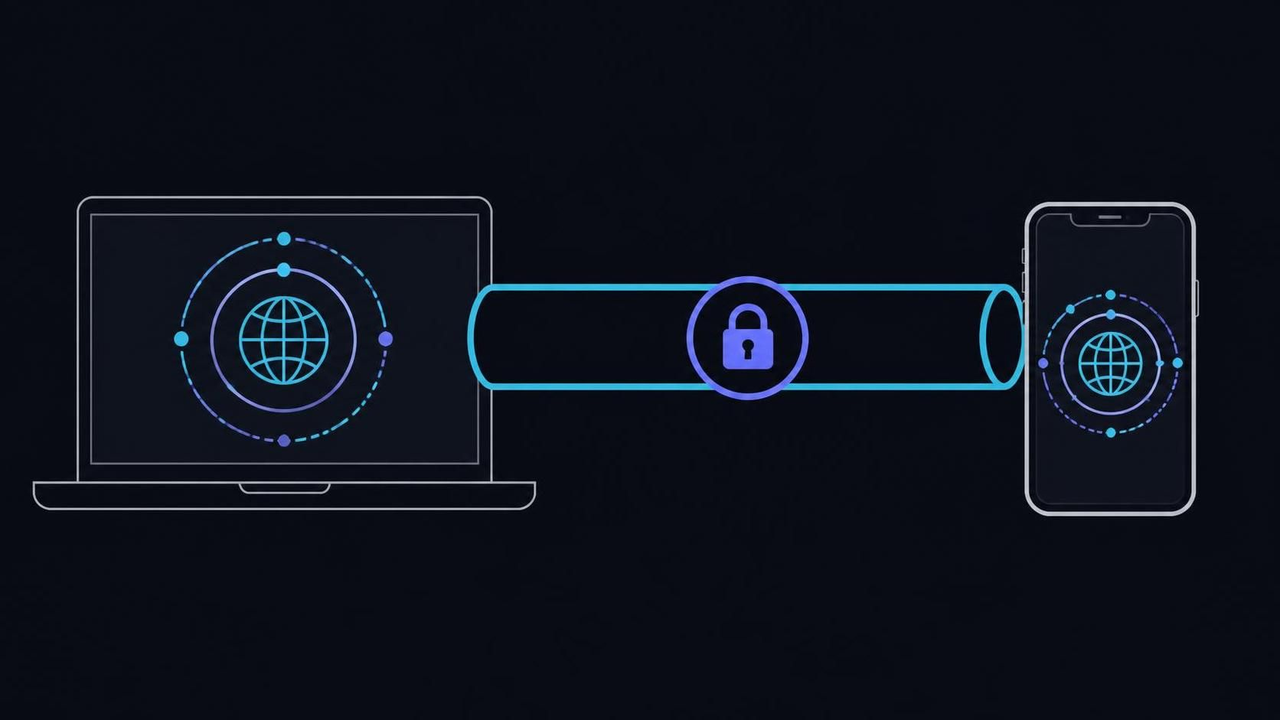 VPSbit VPN still: laptop and phone joined by an encrypted tunnel